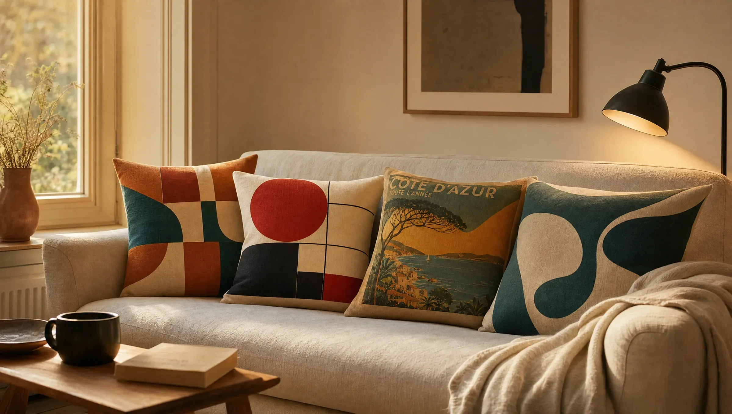 Sofa-Landschaft mit vier Reetro-Designer-Kissen