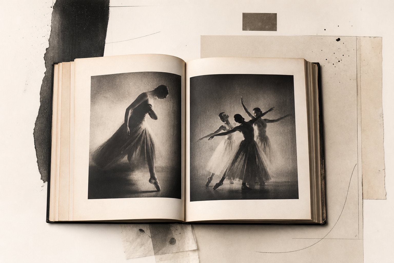 Leichte redaktionelle Illustration mit einem geöffneten Mid-Century-Fotobuch, weichen Ballettsilhouetten, feiner Rotogravure-Körnung, zarten Schmierstellen, viel Papierweiß und ruhigen Schwarz-Grau-Sepia-Tönen im Geist von Alexey Brodovitchs Ballet von 1945