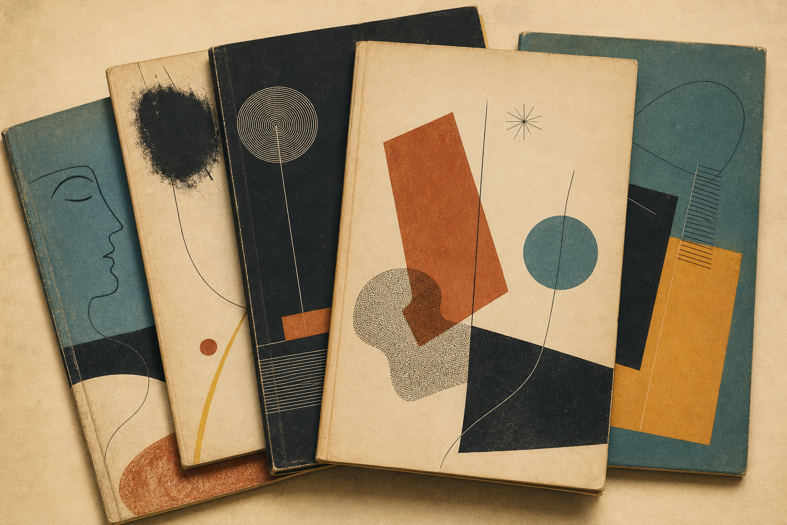 Leichte redaktionelle Illustration mit aufgefächerten Mid-Century-Buchumschlägen, feinen geometrischen Formen, warmem Papierweiß und gedämpften Rost-, Blau- und Ockertönen im Geist von Alvin Lustigs New-Directions-Covern