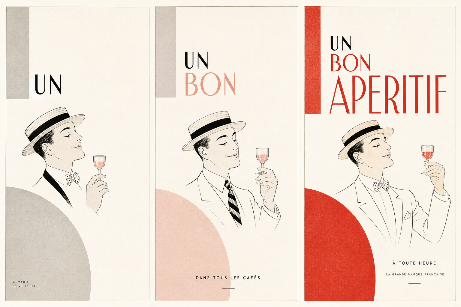 Leichte redaktionelle Illustration mit drei modernistischen Aperitif-Postern, einer Figur mit Strohhut, zarten Typofragmenten und sanftem Rotverlauf im Geist von Cassandres Dubonnet-Triptychon