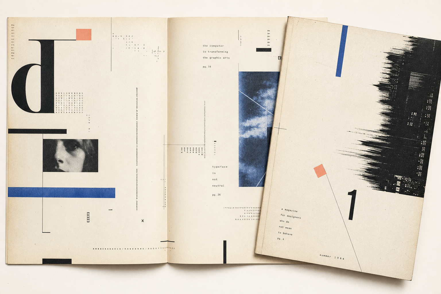 Leichte redaktionelle Illustration mit einem geöffneten experimentellen Magazin, feinen typografischen Fragmenten, viel Papierweiß und kleinen Kobalt- und Korallakzenten im Geist früher Emigre-Ausgaben
