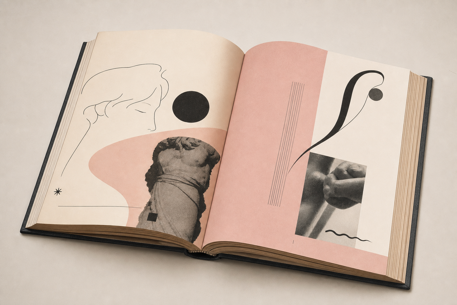 Leichte redaktionelle Illustration mit einem geöffneten Hardbound-Magazin, feinen typografischen Fragmenten, warmem Papierweiß und zartem Rosé im Geist von Eros 1962