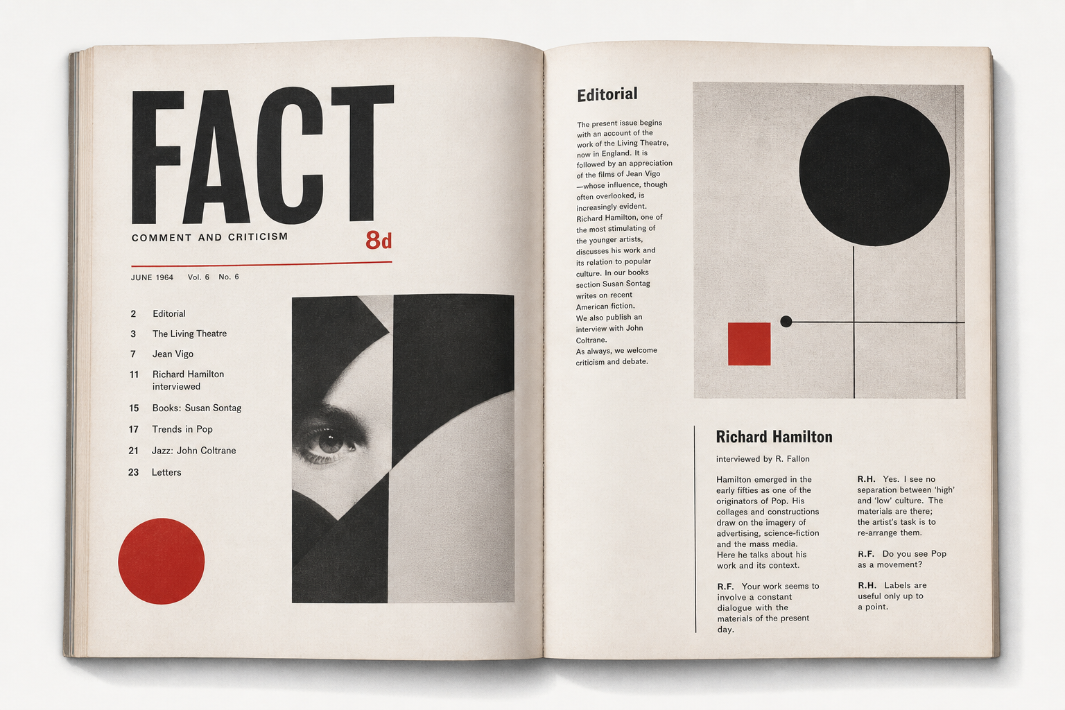 Leichte redaktionelle Illustration mit einem aufgeschlagenen Schwarzweiß-Magazin, feinen typografischen Kolumnen, einer ruhigen Grotesk-Masthead-Anmutung, viel Papierweiß und sparsamen roten Akzenten im Geist von Fact aus den mittleren 1960er-Jahren