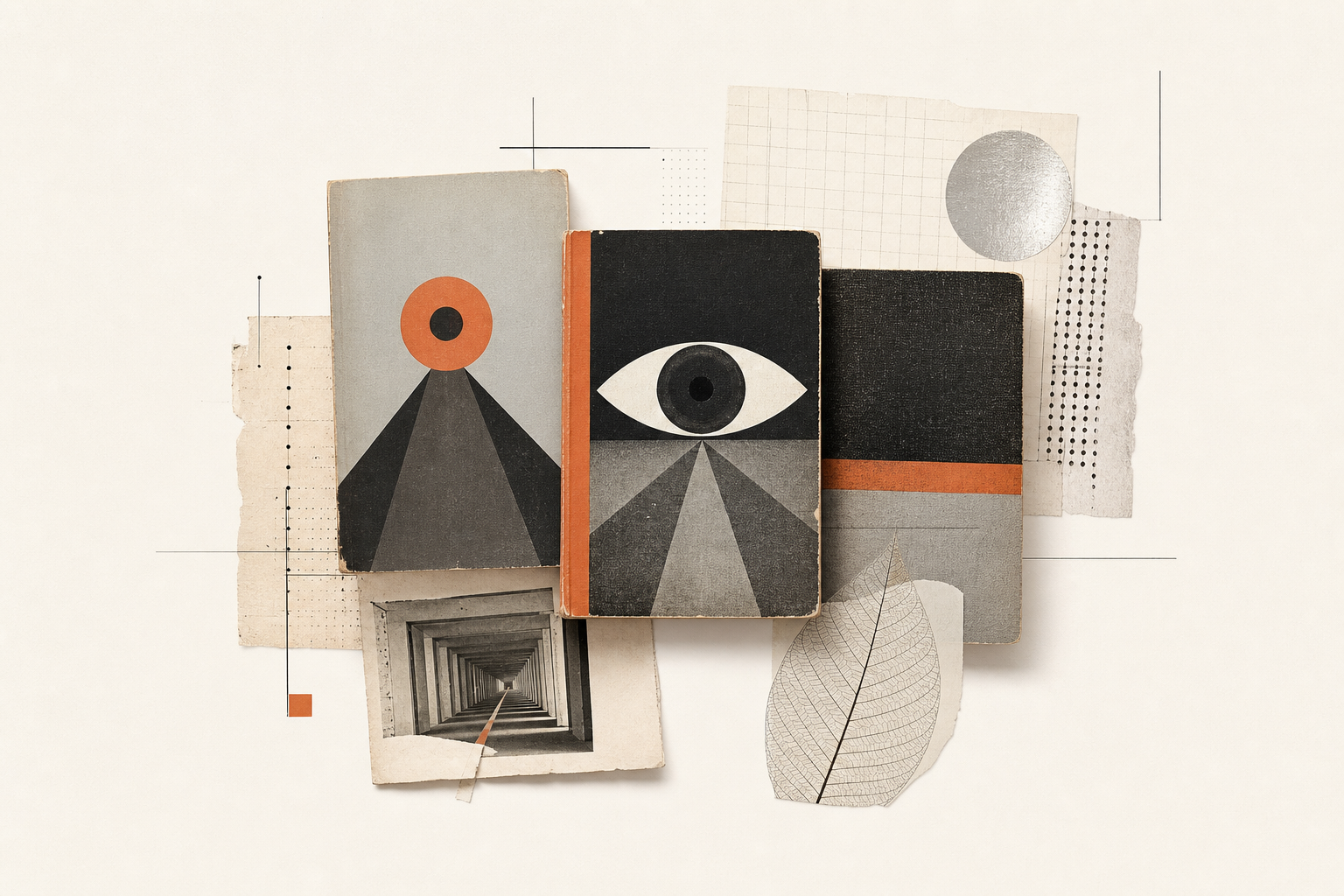 Leichte redaktionelle Illustration mit Penguin-Paperbacks, abstrahiertem Auge, feinen Rasterlinien und viel Papierweiß im Geist der Covergeschichte von Nineteen Eighty-Four