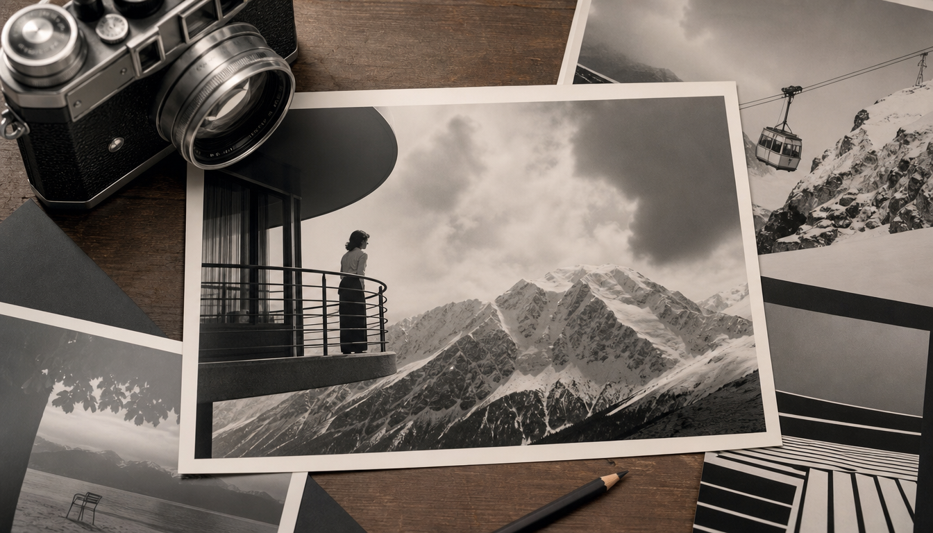 Vintage Schweizer Tourismusplakat aus den 1930er Jahren mit fotomontierter Berglandschaft, großformatiger Schrift und dynamisch gesetzter Schwarz-Weiß-Fotografie im Stil des grafischen Modernismus