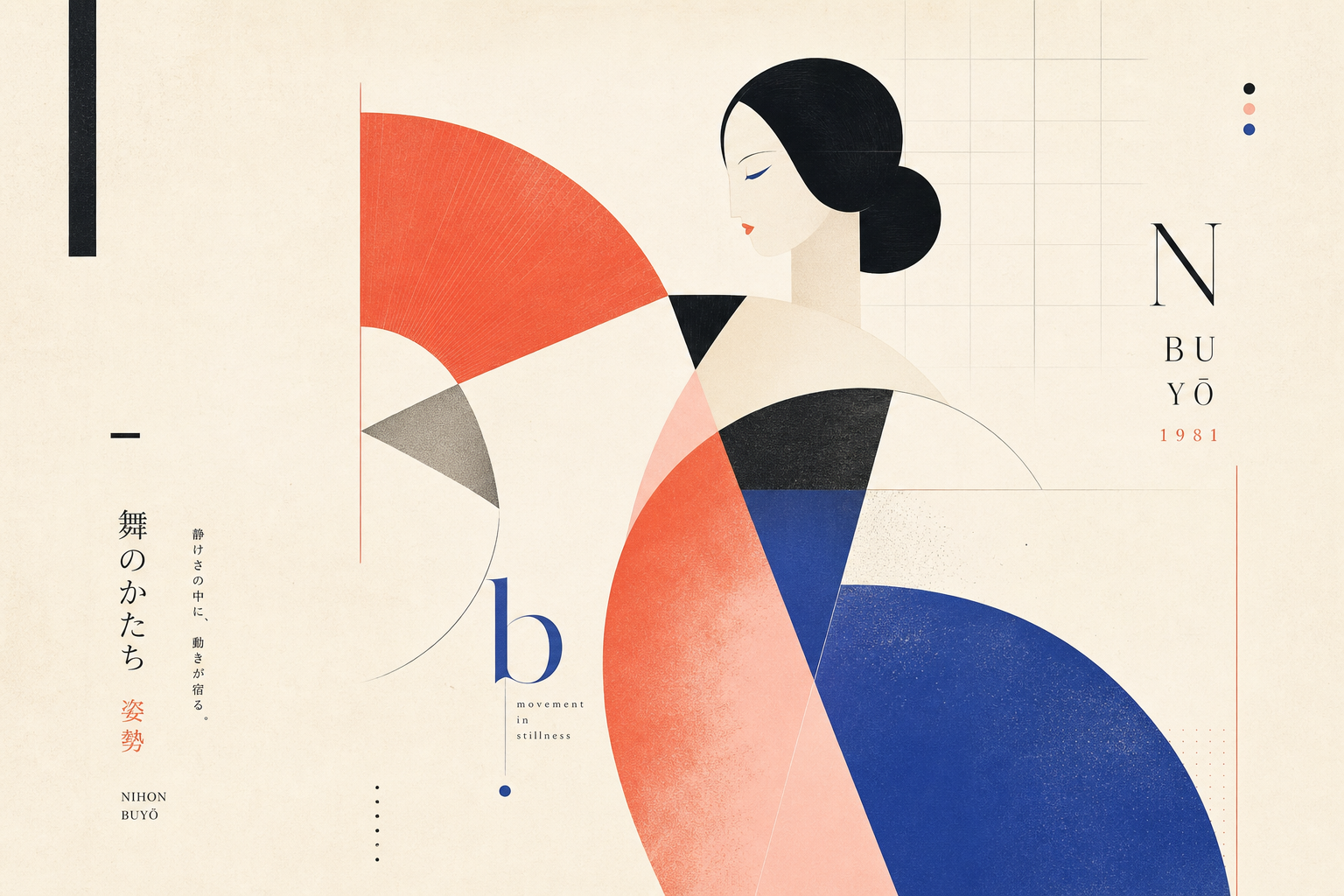 Leichte redaktionelle Illustration mit abstrahierter Tänzerinnenfigur, feinen geometrischen Formen, viel Papierweiß und ruhigen Rot-Blau-Akzenten im Geist von Ikko Tanakas Nihon-Buyo-Plakat