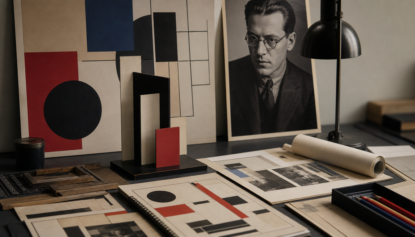 Geometrisch-konstruktivistisches Bauhaus-Ausstellungsplakat von Joost Schmidt, schwarz-rote Typografie auf weißem Grund, Dessau 1920er Jahre