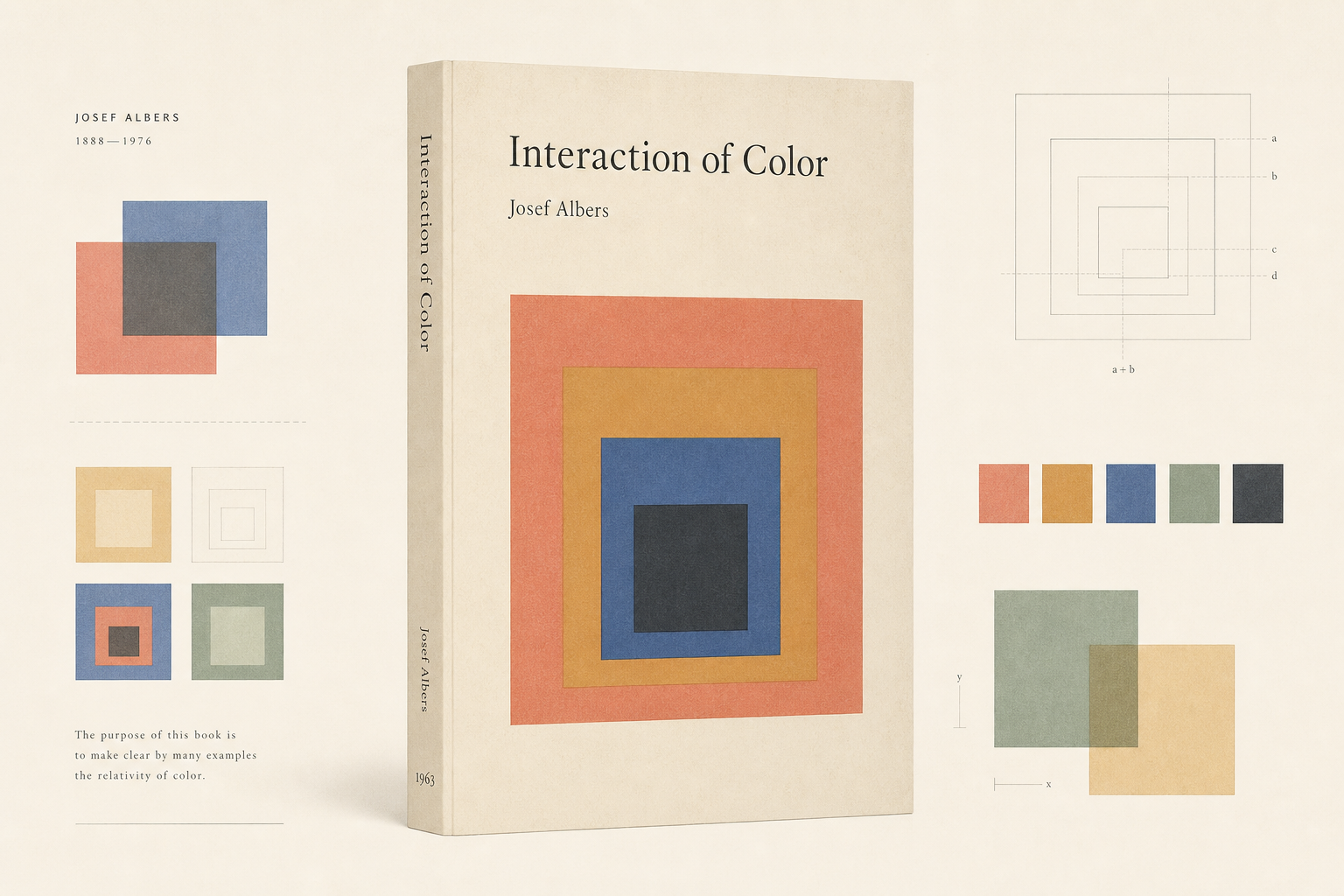 Leichte redaktionelle Illustration mit einem schlanken Mid-Century-Farbstudienbuch, feinen ineinanderliegenden Quadraten, viel Papierweiß und ruhigen Korall-, Ocker-, Ultramarin- und Salbei-Akzenten im Geist von Josef Albers’ Interaction of Color von 1963