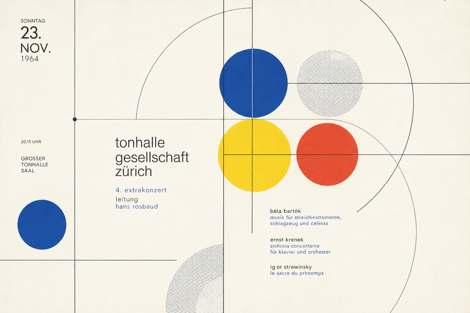 Leichte redaktionelle Illustration mit schwebenden geometrischen Kreisen, feinen Typofragmenten, viel Papierweiß und zurückhaltenden Blau-Gelb-Korall-Akzenten im Geist eines Schweizer Konzertplakats von 1960