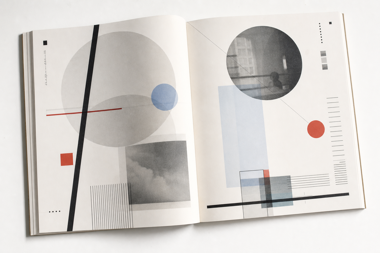 Leichte redaktionelle Illustration mit einem schlanken Bauhaus-Buch, feinen geometrischen Linien, zarten Photogramm-Formen, viel Papierweiß und zurückhaltenden Schwarz-Rot-Blau-Akzenten im Geist von László Moholy-Nagys Malerei, Photographie, Film von 1925