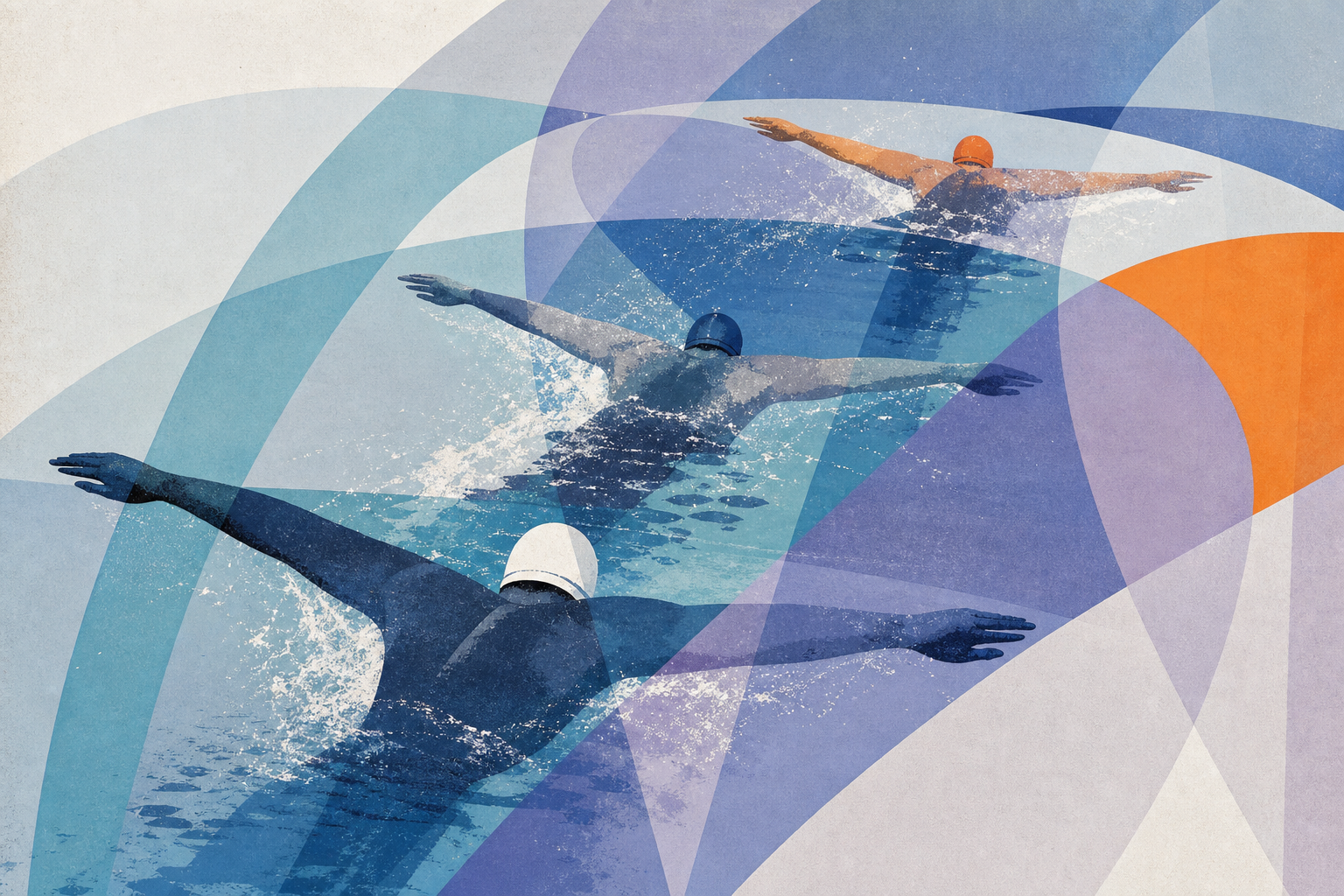 Leichte redaktionelle Illustration im Geist der Olympia-Grafik von 1972 mit Schwimmern und transparenten Farbflächen