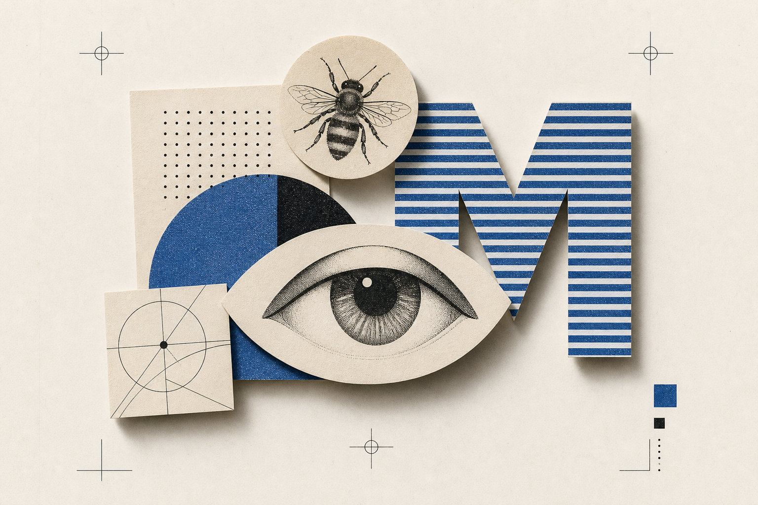 Leichte redaktionelle Illustration mit Auge, Biene und gestreiftem M auf Papier im Geist modernistischer Unternehmensgrafik der frühen 1980er-Jahre