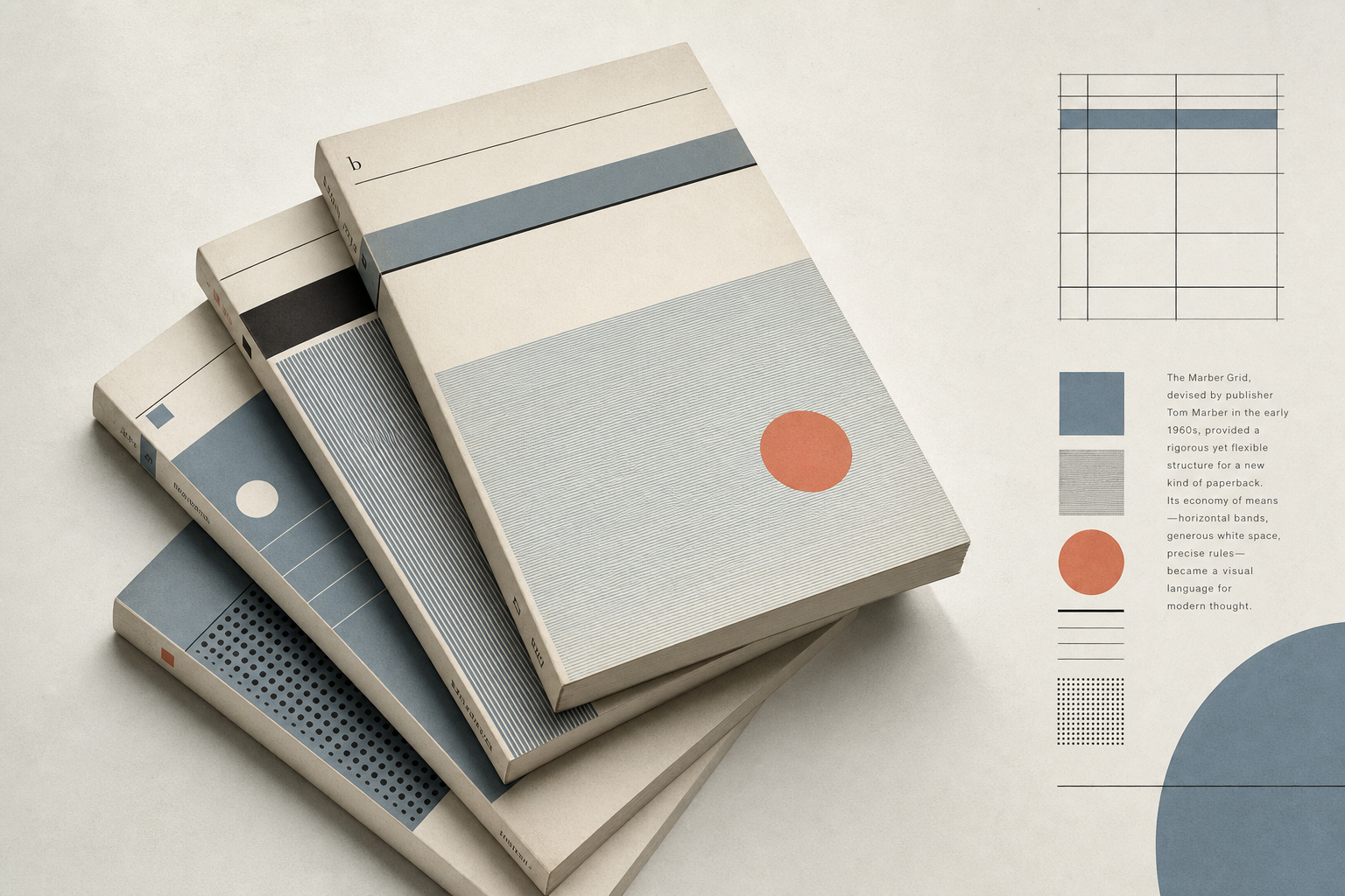 Leichte redaktionelle Illustration mit gestapelten Mid-Century-Paperbacks, feinen Rasterlinien, blau-grauen Flächen und viel Papierweiß im Geist von Penguin Modern Classics