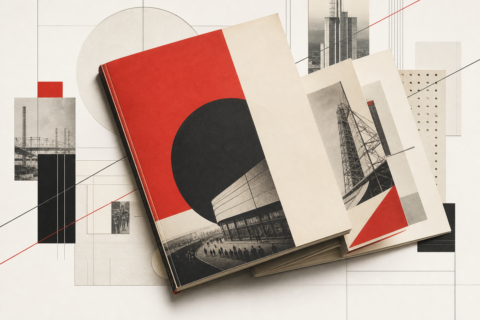 Leichte redaktionelle Illustration mit einem übergroßen avantgardistischen Magazin, feinen Fotomontage-Flächen, konstruktivistischen Diagonalen, angedeuteten Faltseiten, viel Papierweiß und zurückhaltenden Rot-Schwarz-Creme-Akzenten im Geist von USSR in Construction