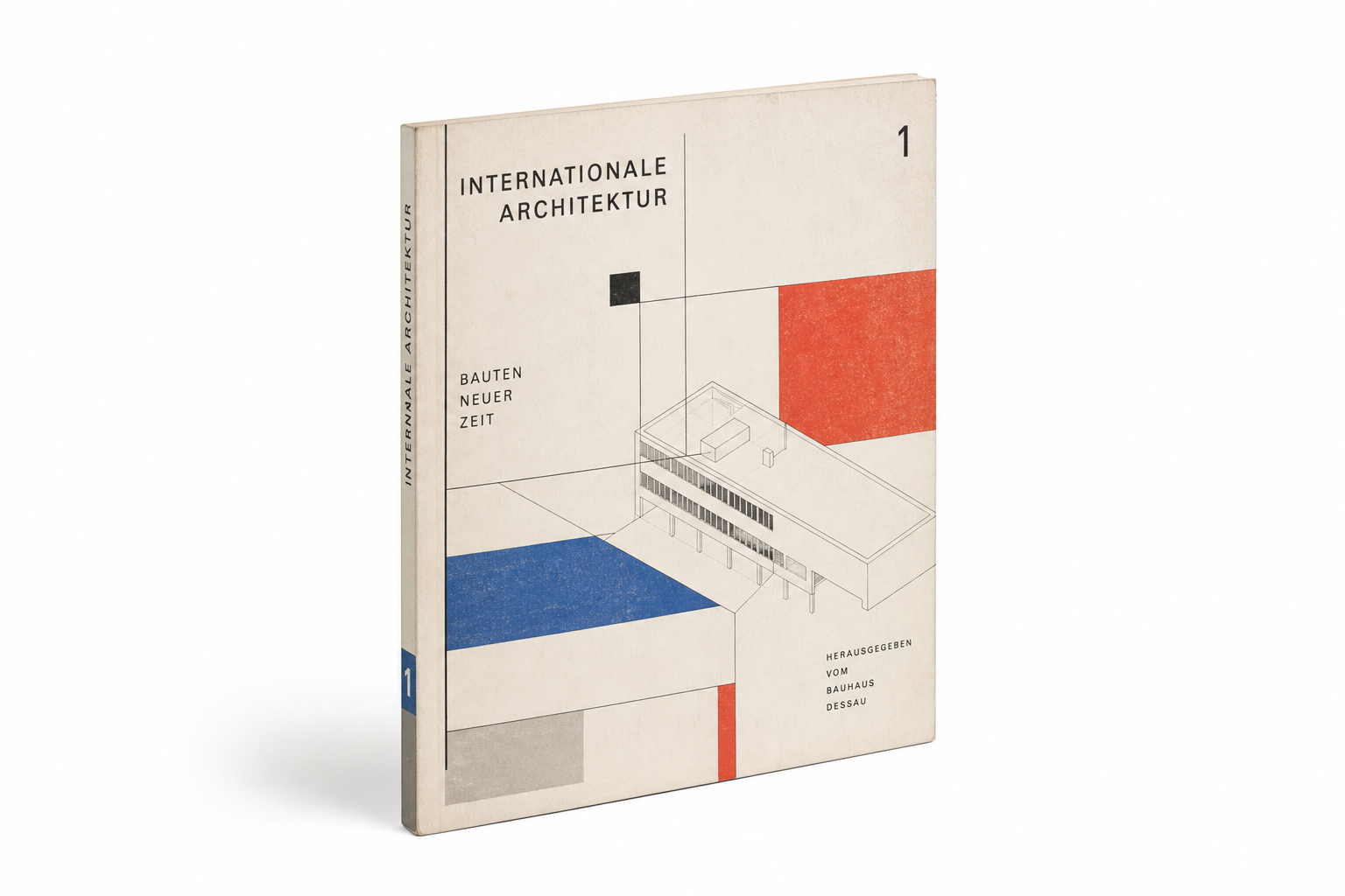 Leichte redaktionelle Illustration mit einem schlanken Bauhaus-Buch, feinen architektonischen Linien, zarten Sans-Serif-Fragmenten, viel Papierweiß und zurückhaltenden Rot-Blau-Grau-Akzenten im Geist von Walter Gropius’ Internationale Architektur von 1925